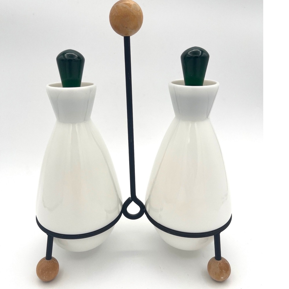 Vtg 1950's Fenton Condiment oil & Vinegar Set Emerald Crest wrought iron stand